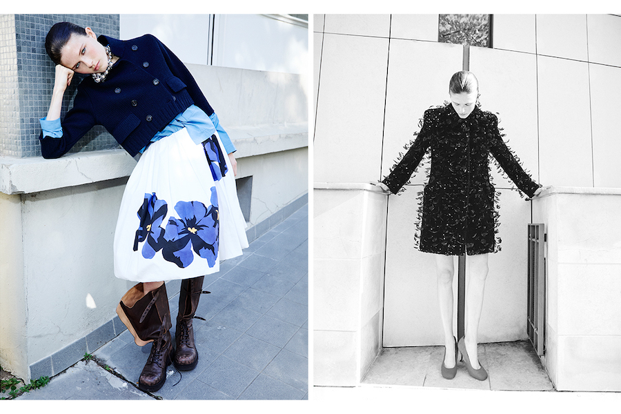 Sinistra, total look Miu Miu. Destra, total look Givenchy