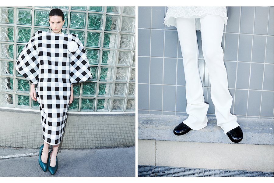 Sinistra, total look Noah Almonte. Destra, total look Prada