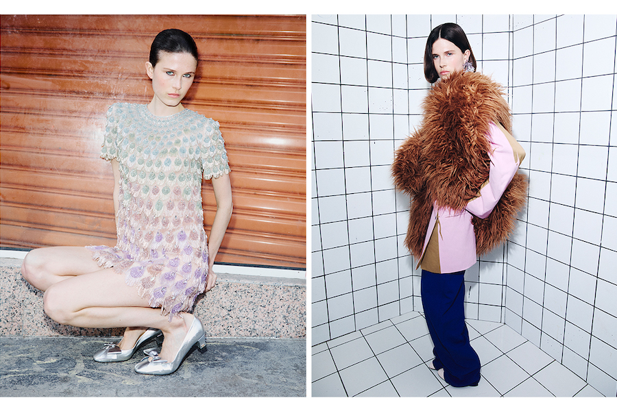 left, Valentino – right, Dries Van Noten total look and Helena Thulin earrings Sinistra, total look Valentino. Destra, total look Dries Van Noten, orecchini Helena Thulin